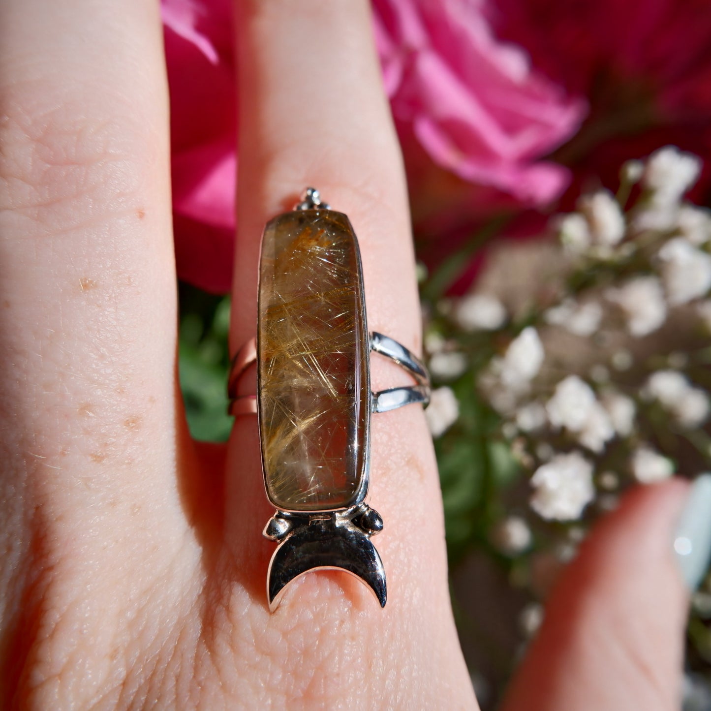 Gold Rutilated Quartz Oblong Moon Ring