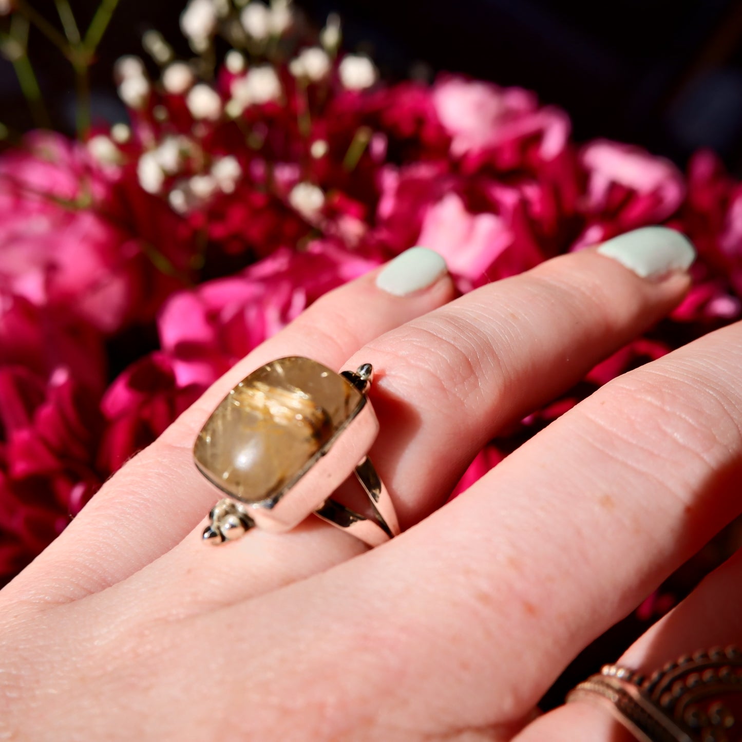 Gold Rutilated Quartz Square Ring