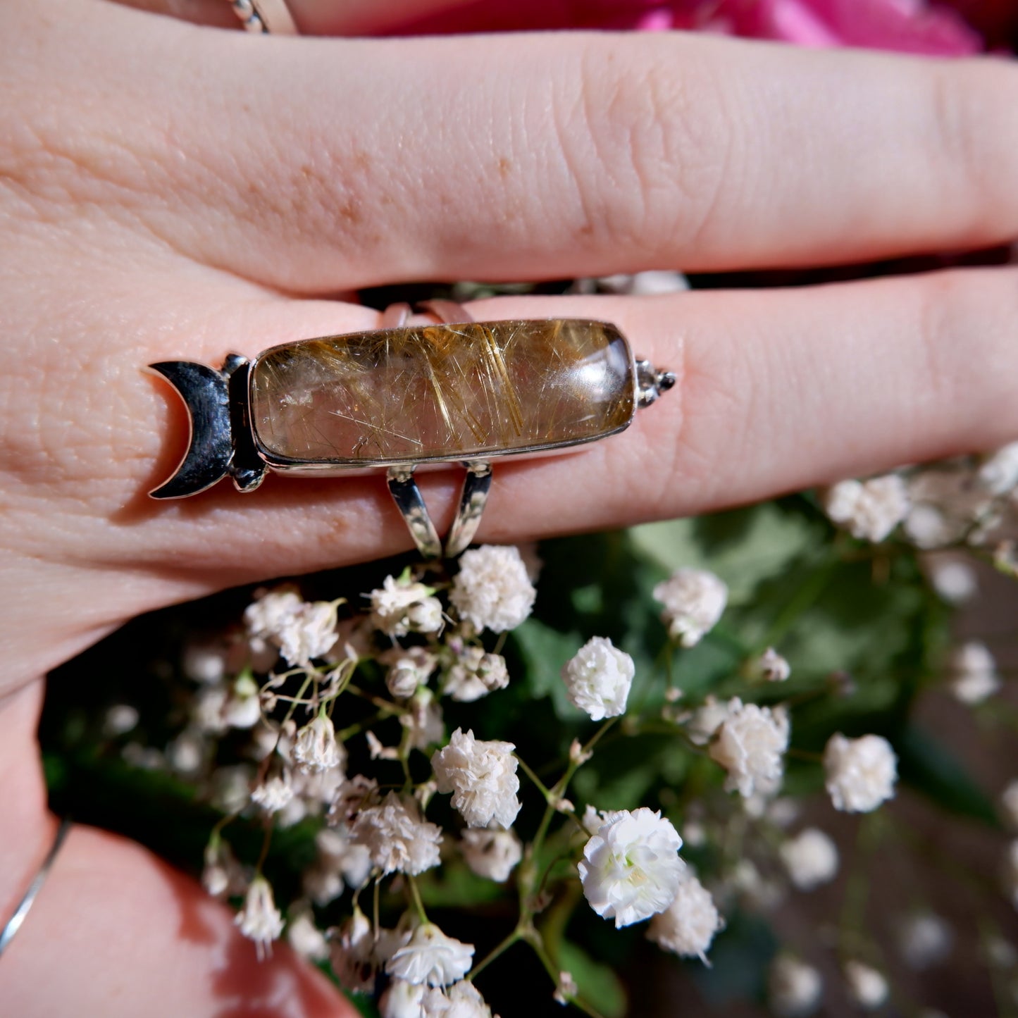 Gold Rutilated Quartz Oblong Moon Ring