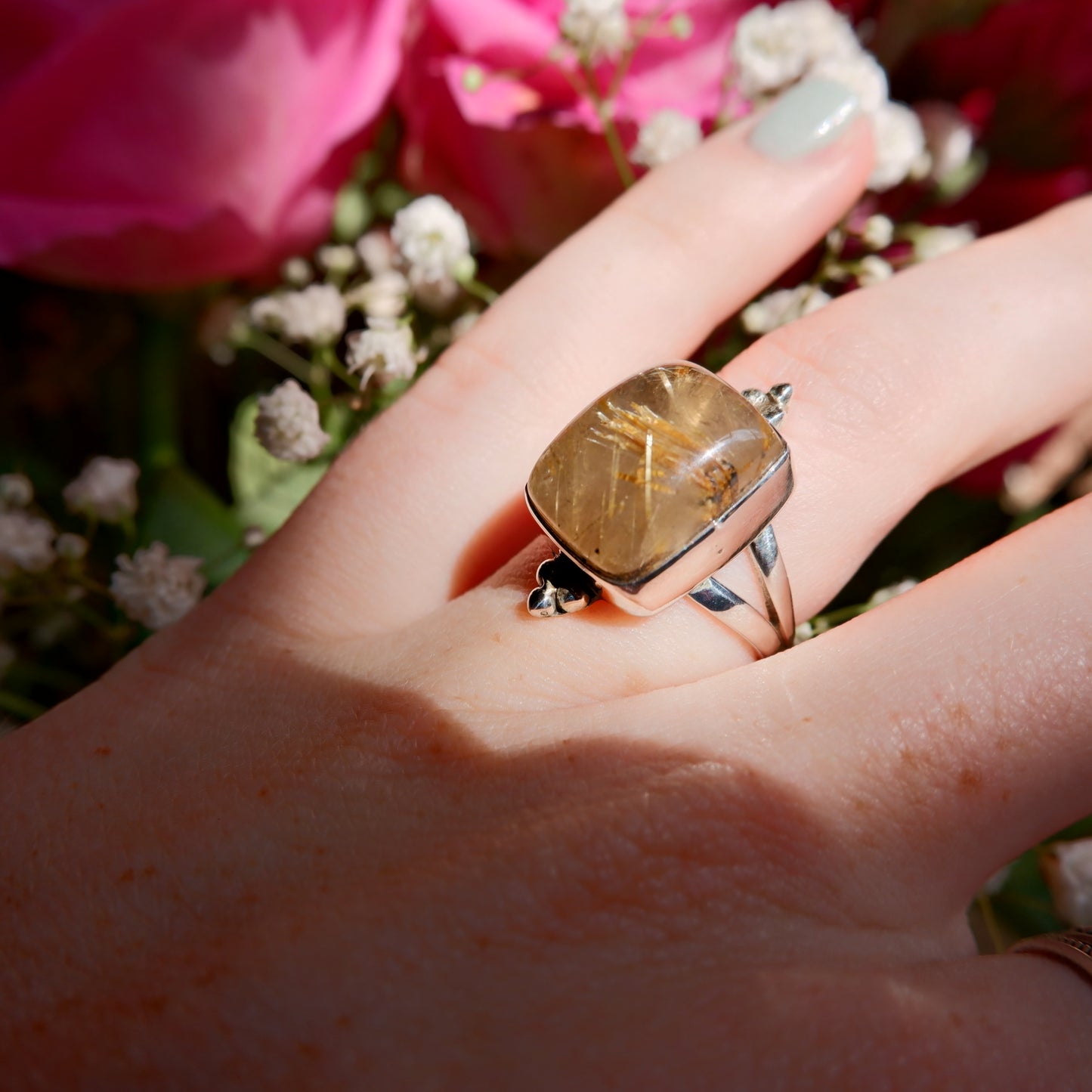 Gold Rutilated Quartz Square Ring