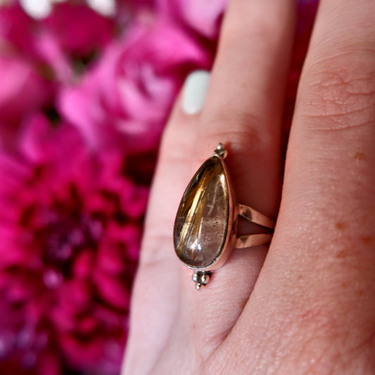 Gold Rutilated Quartz Pear Ring