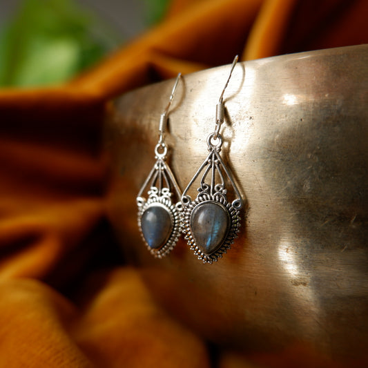 Celine - Labradorite filigree Silver Drop Earrings