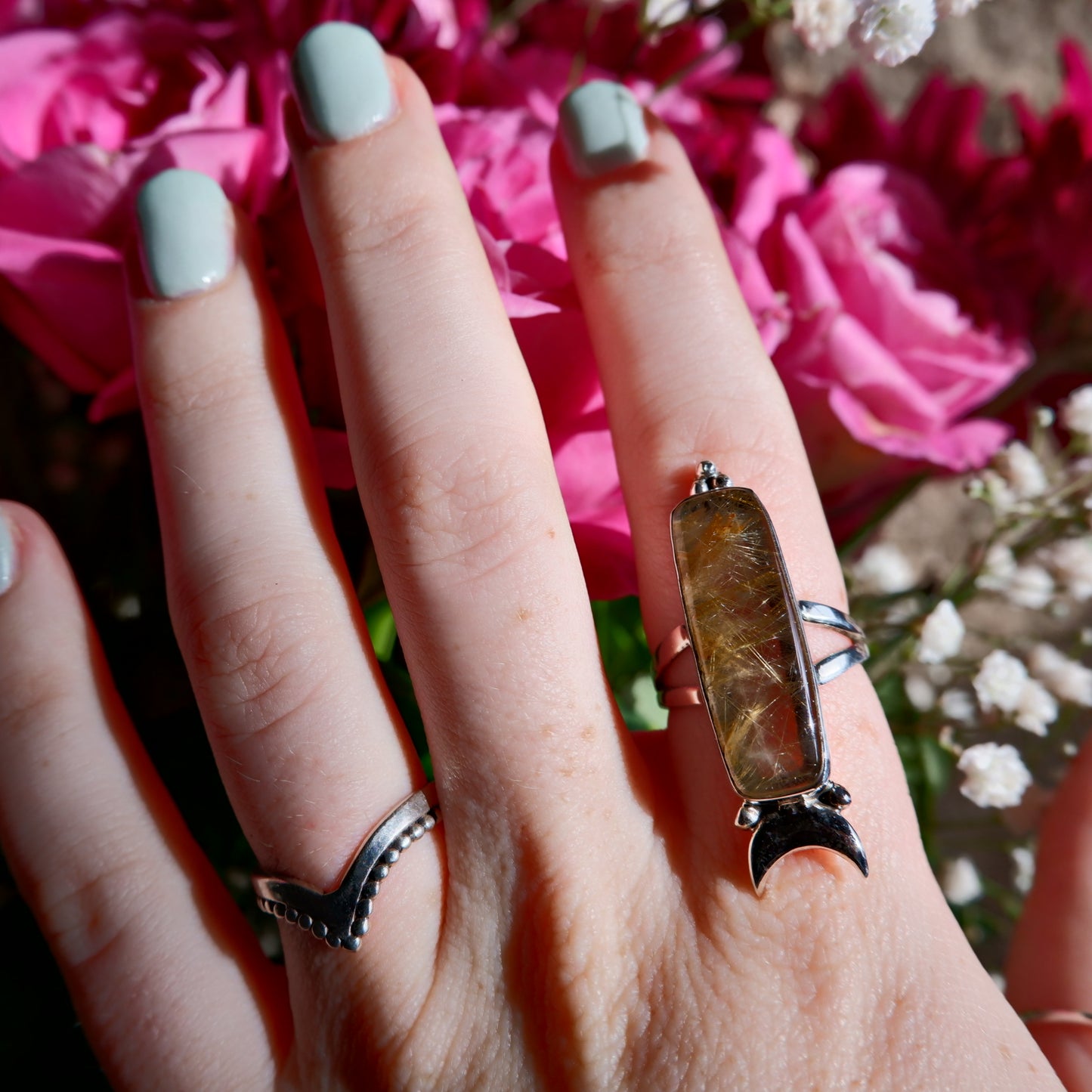 Gold Rutilated Quartz Oblong Moon Ring