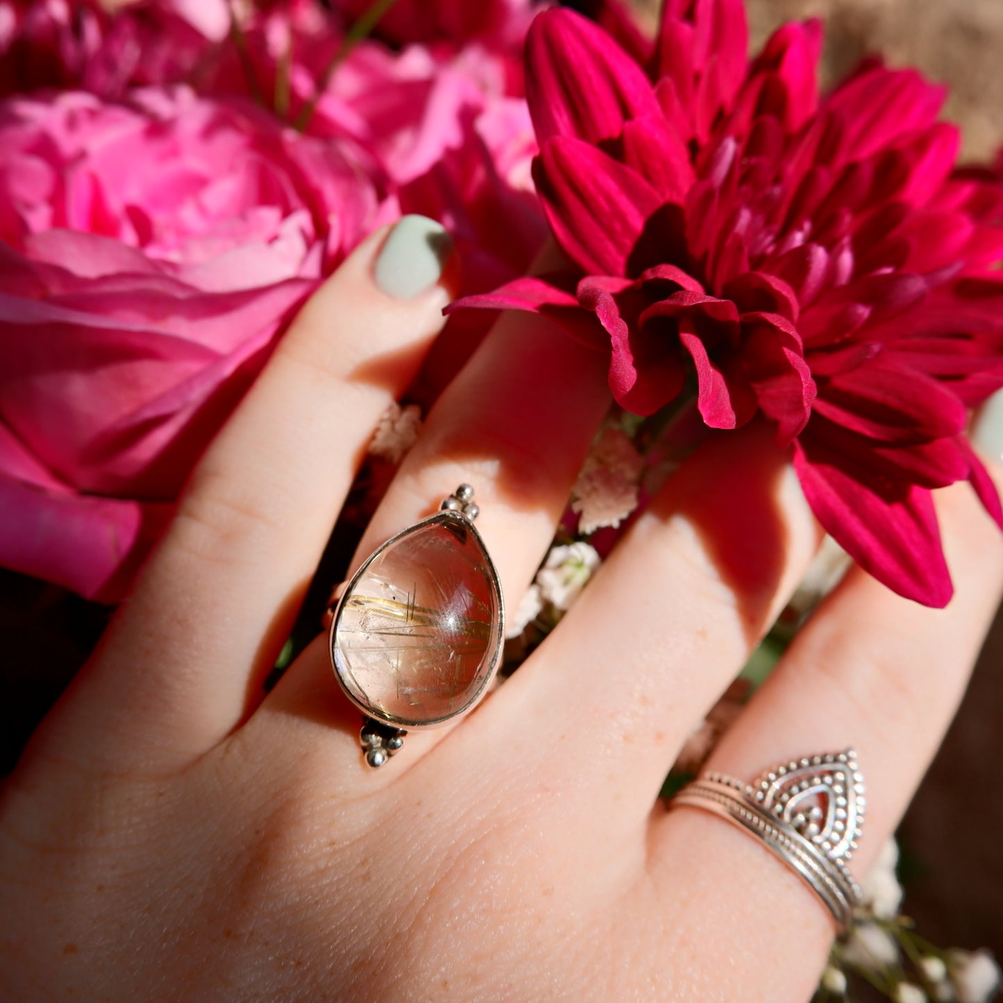 Gold Rutilated Quartz Pear Ring