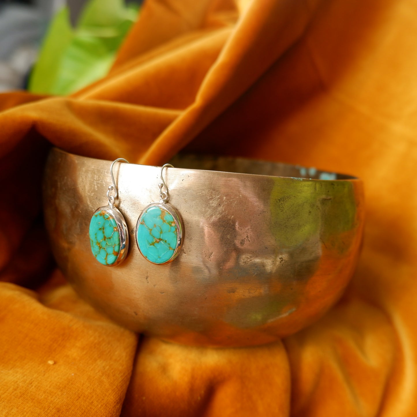 Alexandra- Gold rutilated Turquoise Oval Earrings