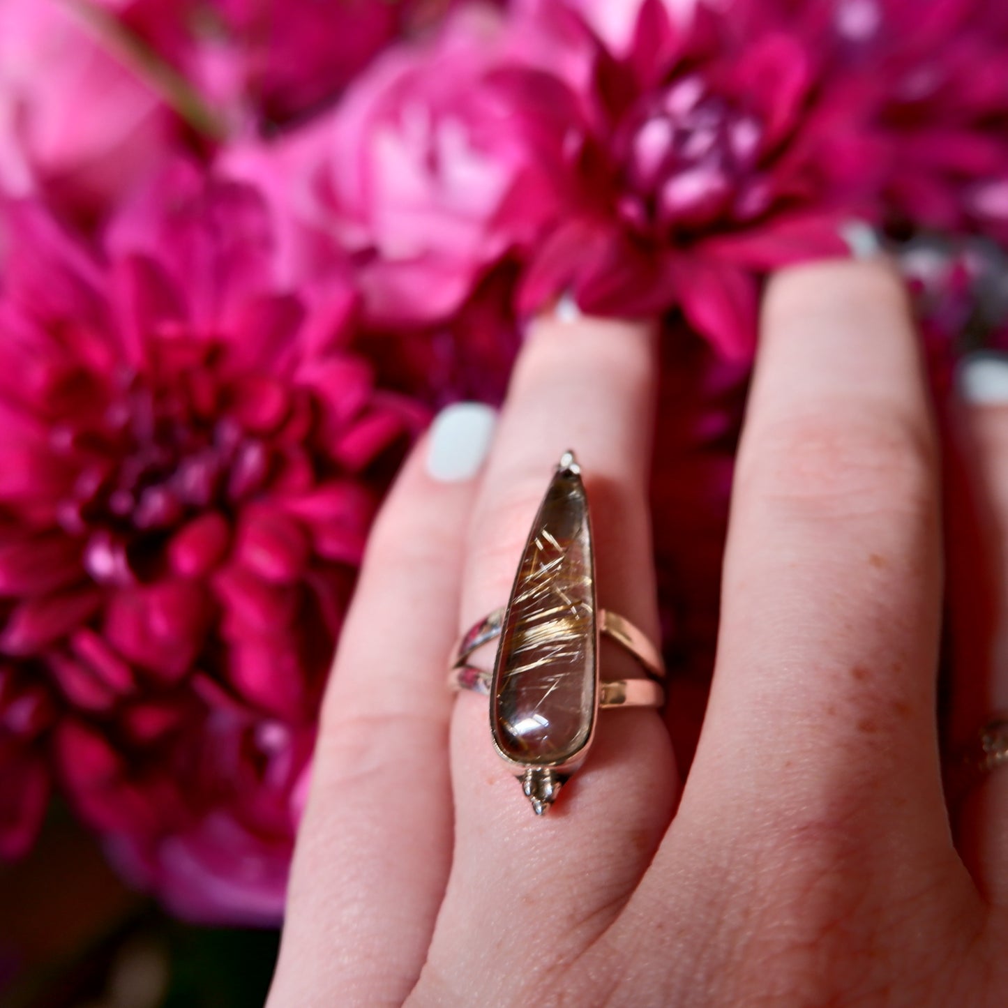 Gold Rutilated Quartz Narrow Pear Ring