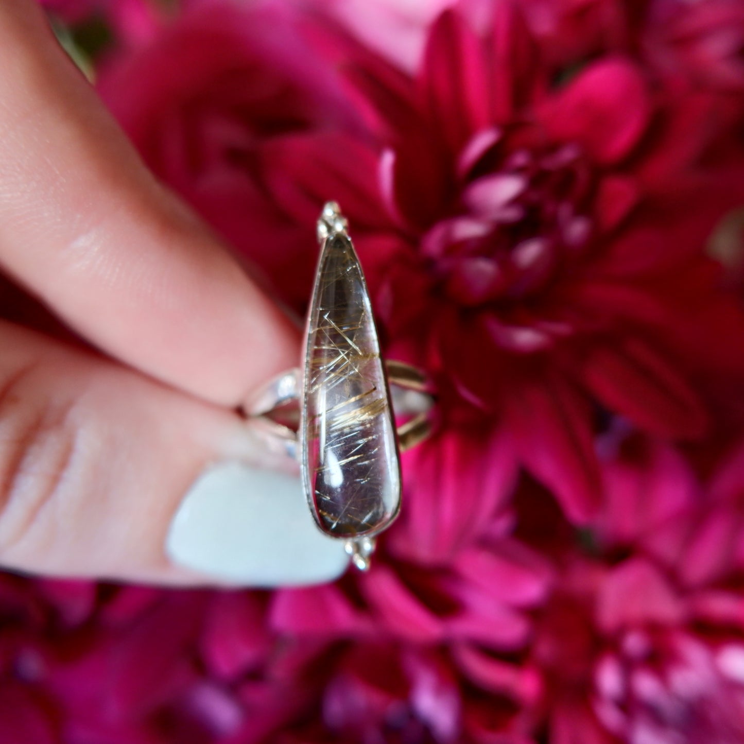 Gold Rutilated Quartz Narrow Pear Ring