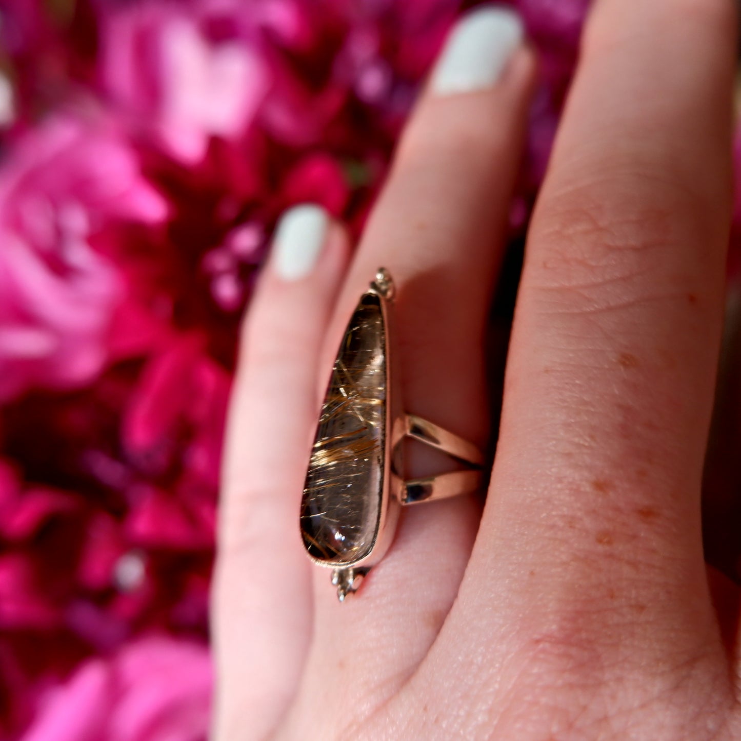 Gold Rutilated Quartz Narrow Pear Ring