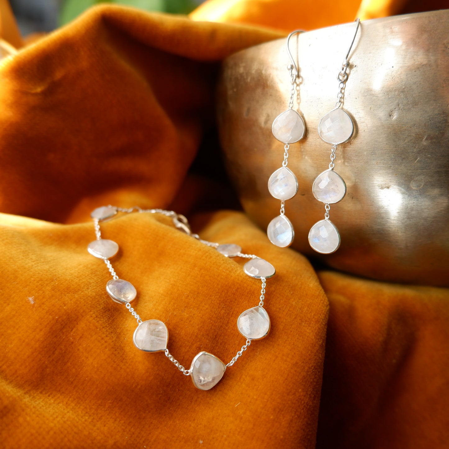 Jasmine - Moonstone faceted Silver Drop Earrings - matching bracelet