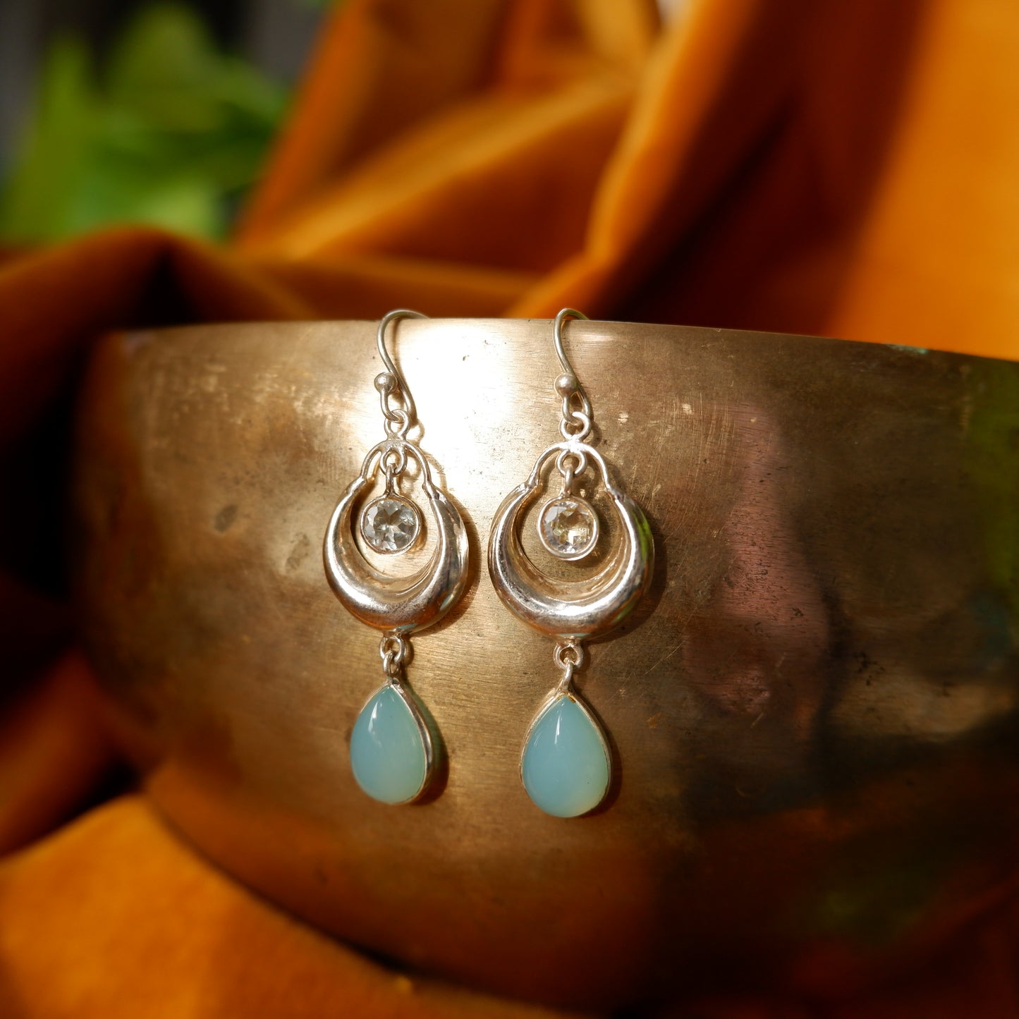 Sofia - Chalcedony with Silver Moon Drop Earrings