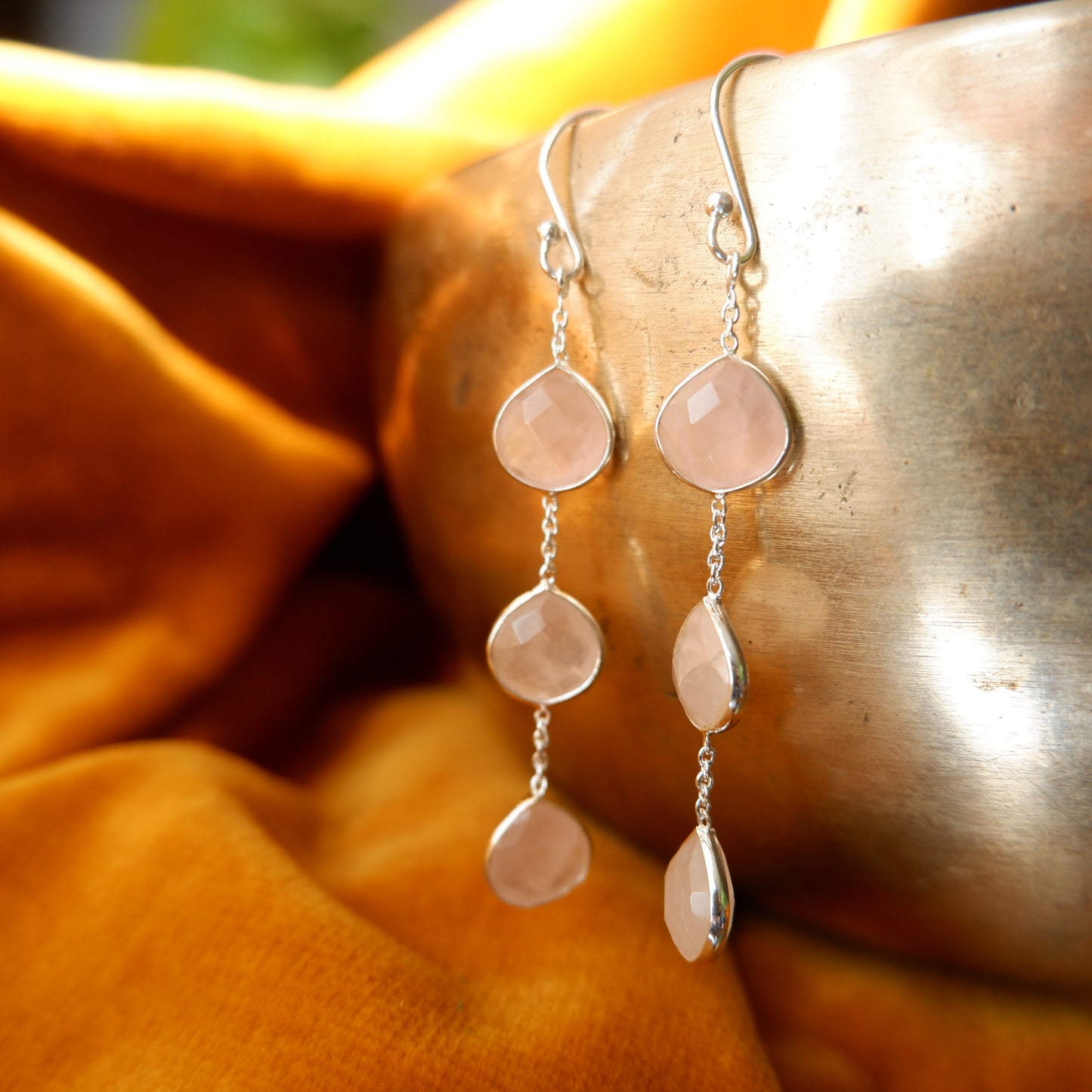 Katrina - Rose Quartz faceted Silver Drop Earrings - matching bracelet