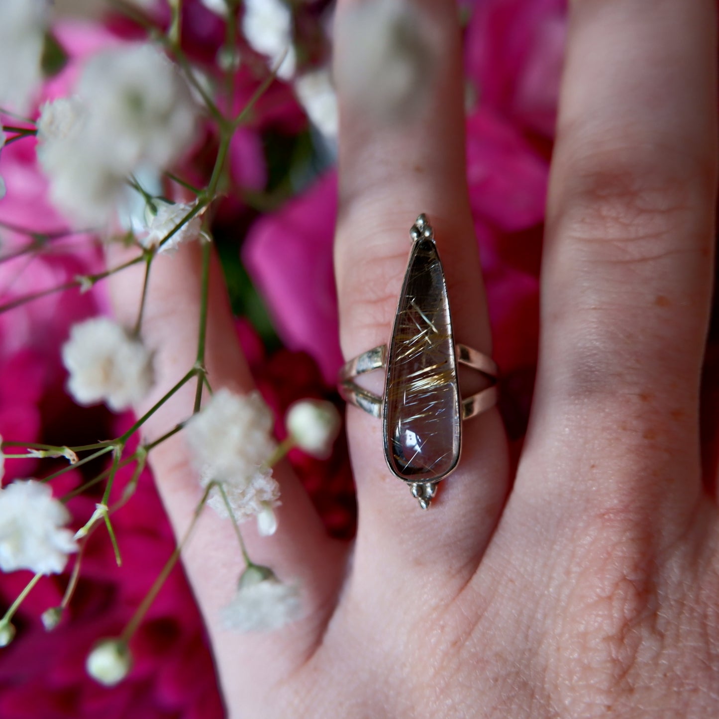 Gold Rutilated Quartz Narrow Pear Ring