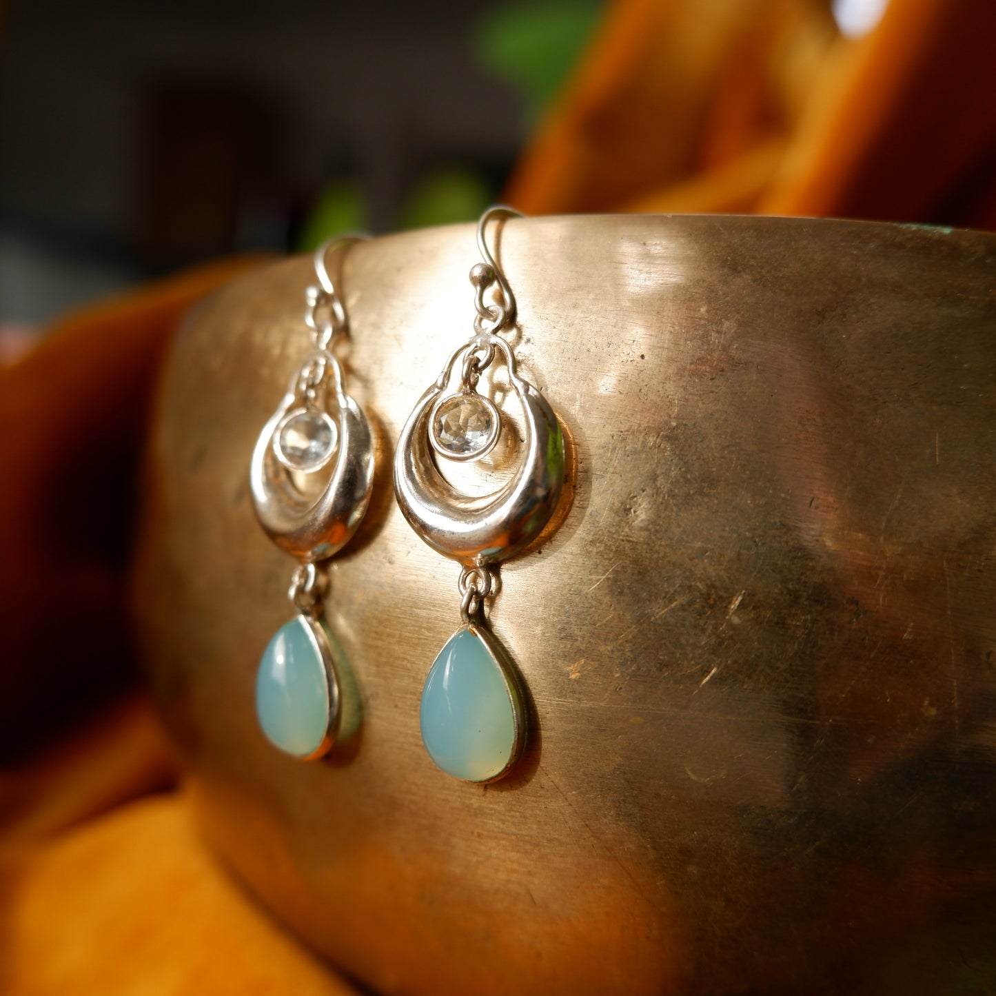 Sofia - Chalcedony with Silver Moon Drop Earrings