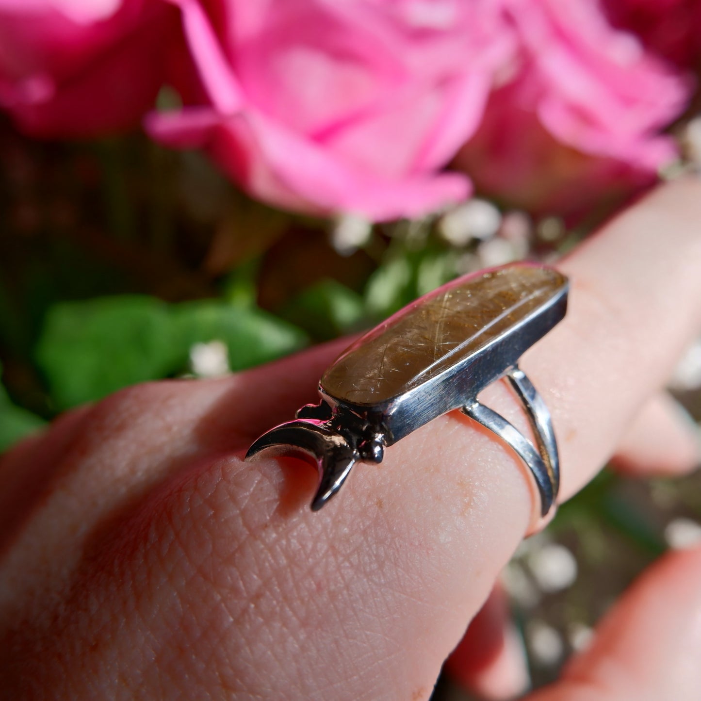 Gold Rutilated Quartz Oblong Moon Ring