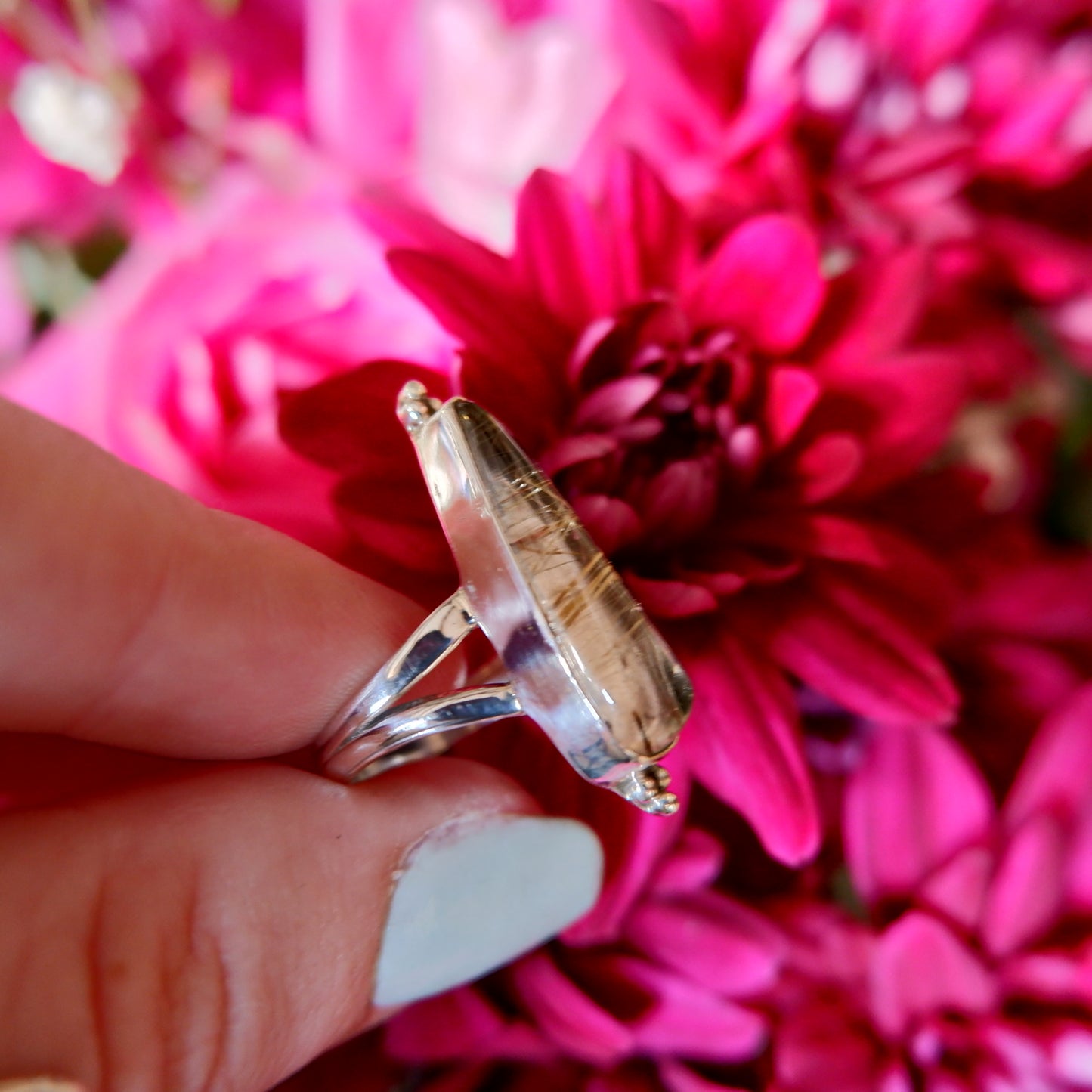 Gold Rutilated Quartz Narrow Pear Ring