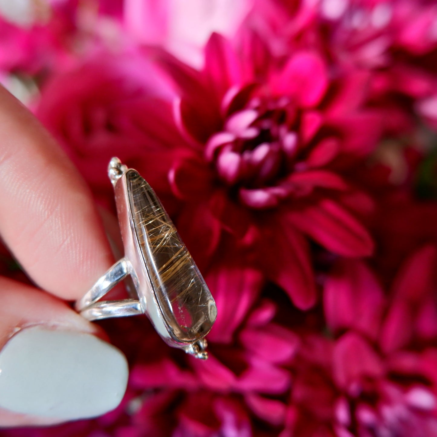 Gold Rutilated Quartz Narrow Pear Ring