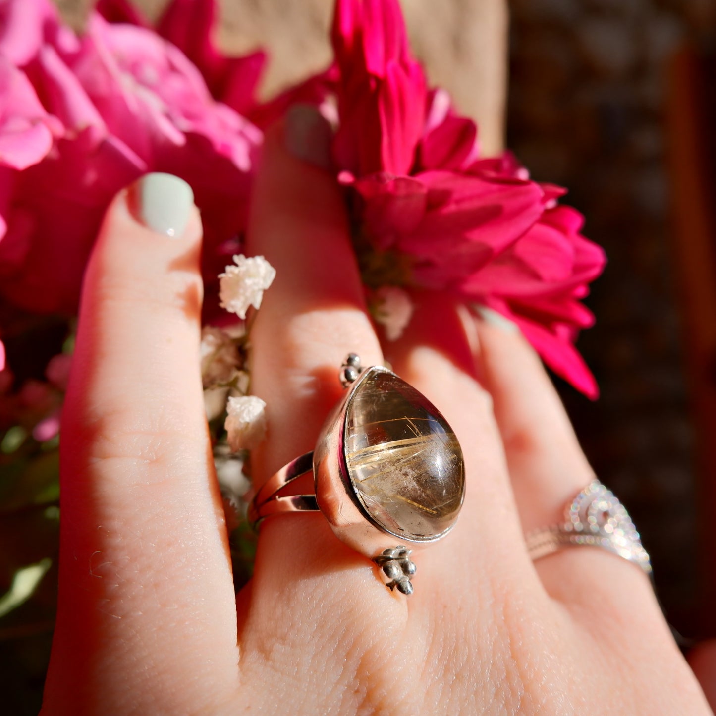 Gold Rutilated Quartz Pear Ring