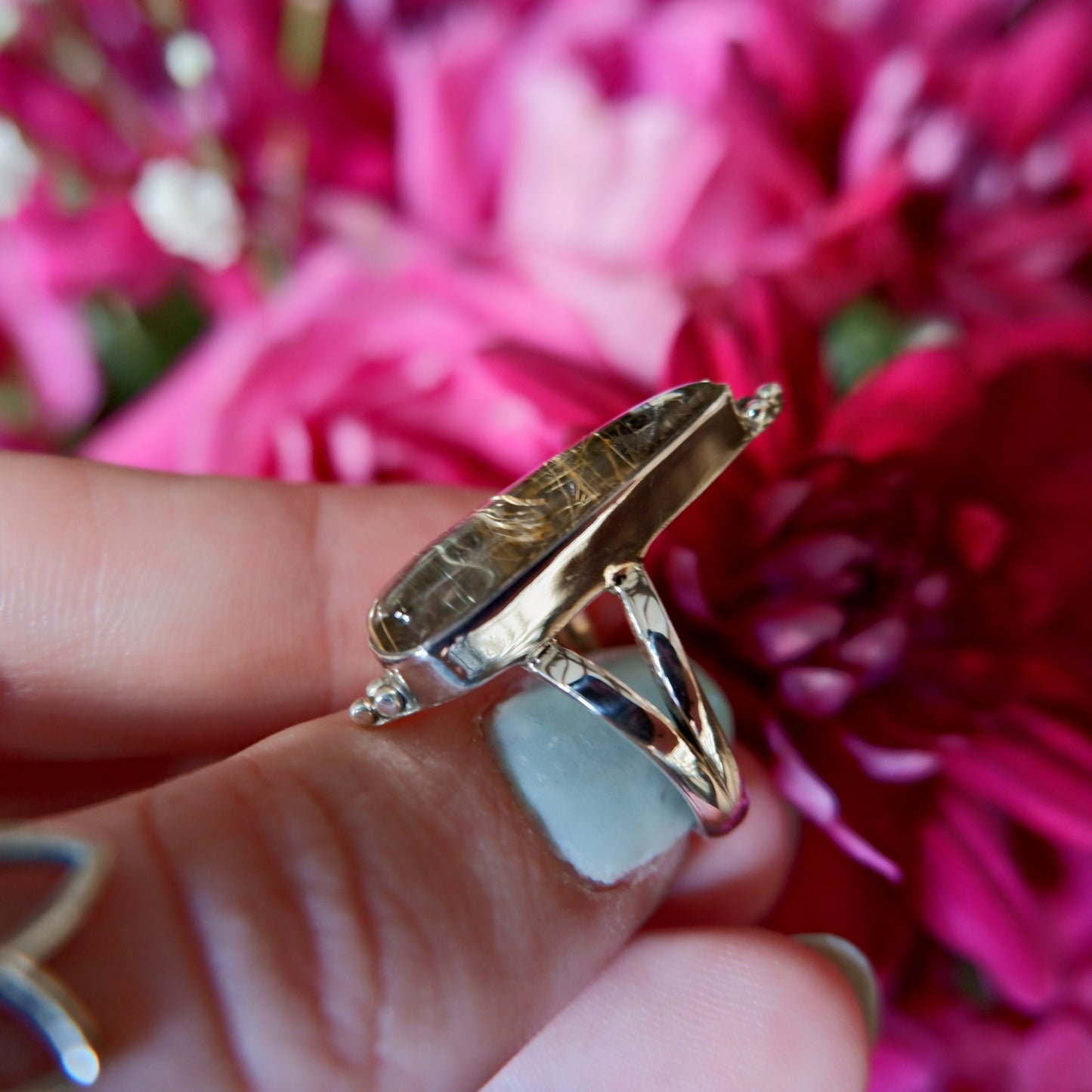 Gold Rutilated Quartz Narrow Pear Ring