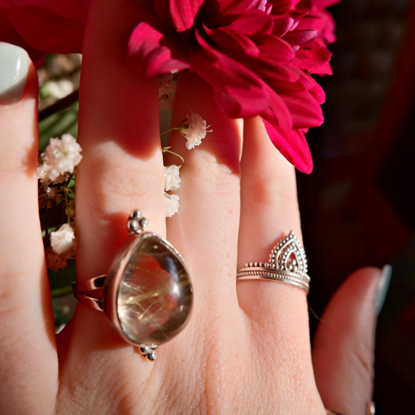 Gold Rutilated Quartz Pear Ring