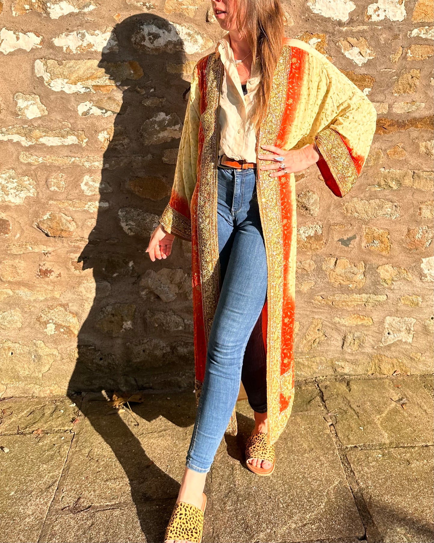 Sasha - Cream and Orange with Gold Beads Kimono