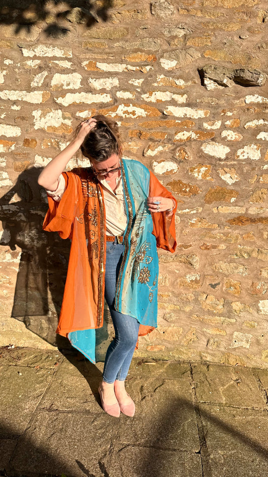 Frida - Burnt Umber and Turquoise with bronze beads Kimono