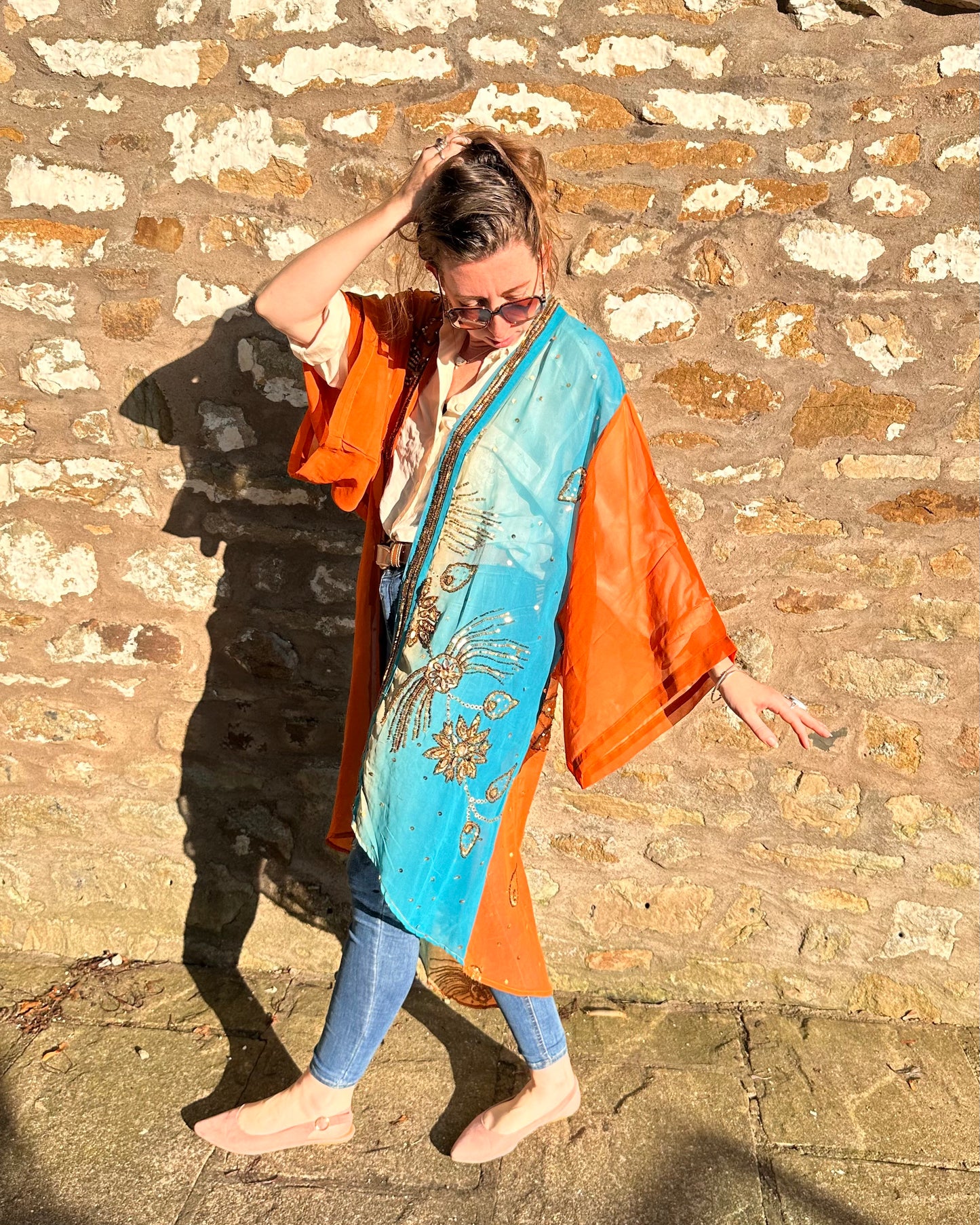 Frida - Burnt Umber and Turquoise with bronze beads Kimono