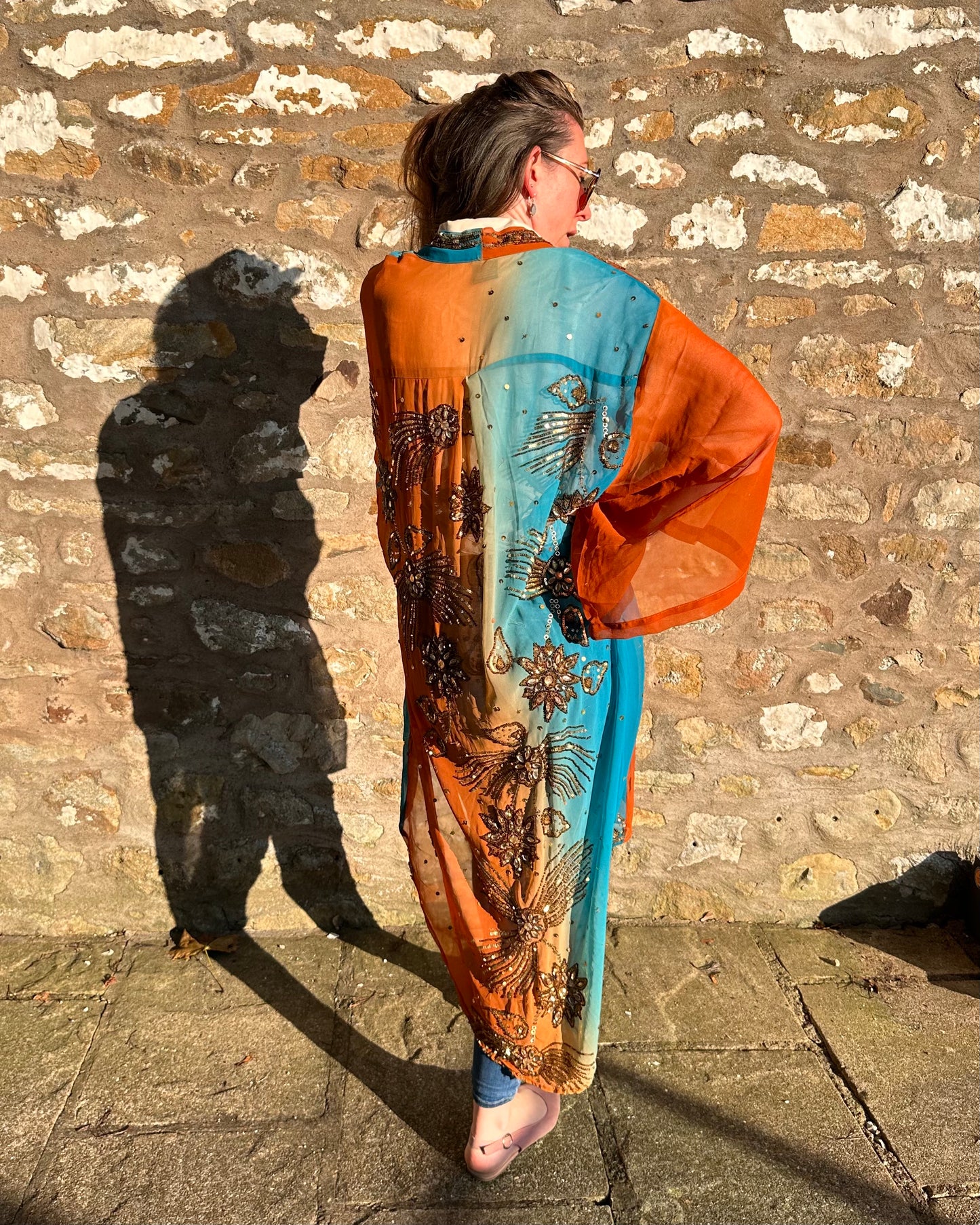 Frida - Burnt Umber and Turquoise with bronze beads Kimono