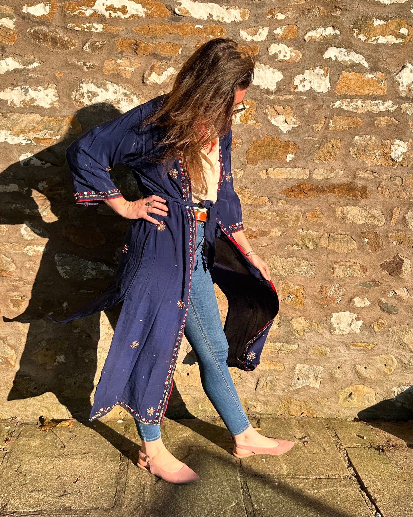 Ashley - Navy Blue with Red Beads Kimono