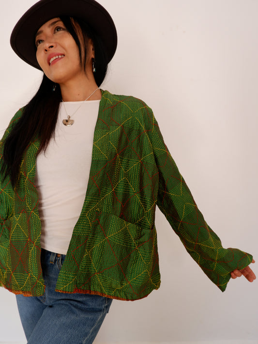 Kantha Jacket in Emerald and Gold