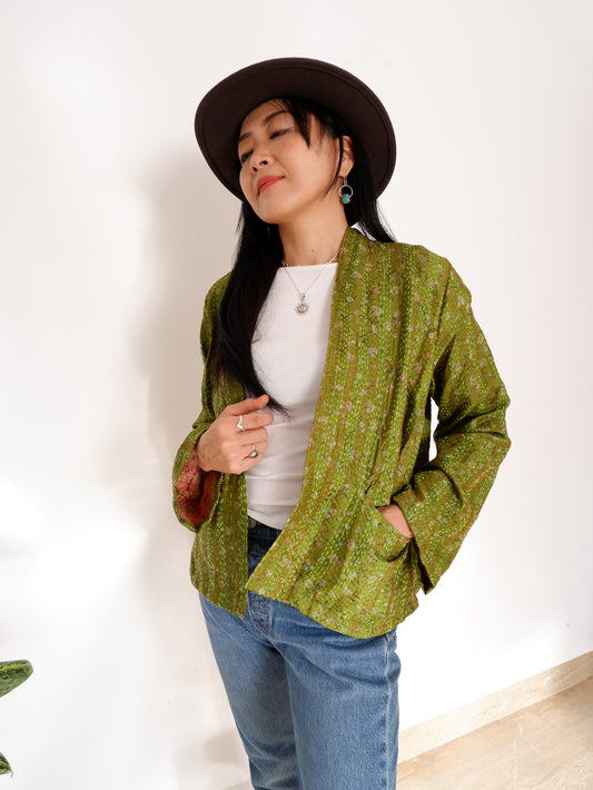 Kantha Jacket in Olive and Peach