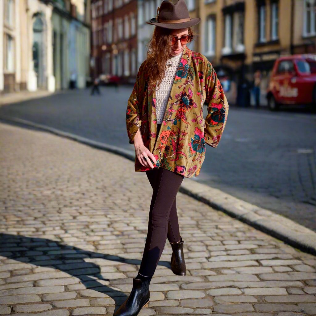 Lady wearing Moss Green Velvet Jacket 